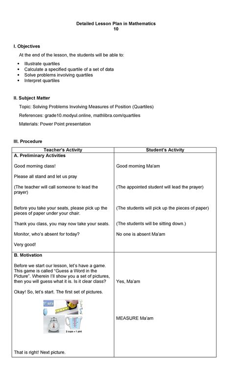 A DETAILED LESSON PLAN FOR Quartiles OF .